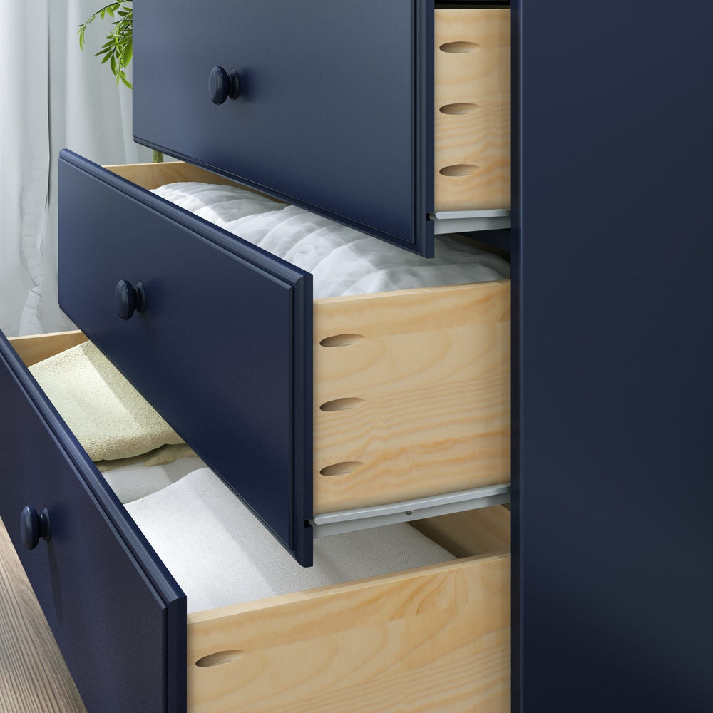 Max & Lily Classic 3 Drawer Dresser in Blue - close-up of the open drawers revealing the natural pine drawer boxes and folded linens inside.