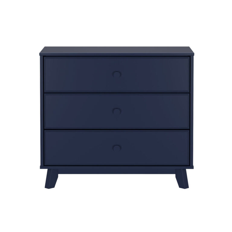 Max Lily Classic 3 Drawer Dresser Blue Front View Max & Lily Classic 3 Drawer Dresser in Blue - straight-on front view on a white background showing three drawers with round wooden knobs.