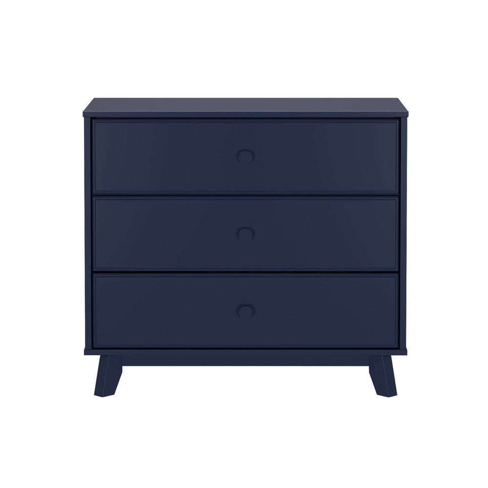 Max & Lily Classic 3 Drawer Dresser in Blue - straight-on front view on a white background showing three drawers with round wooden knobs.