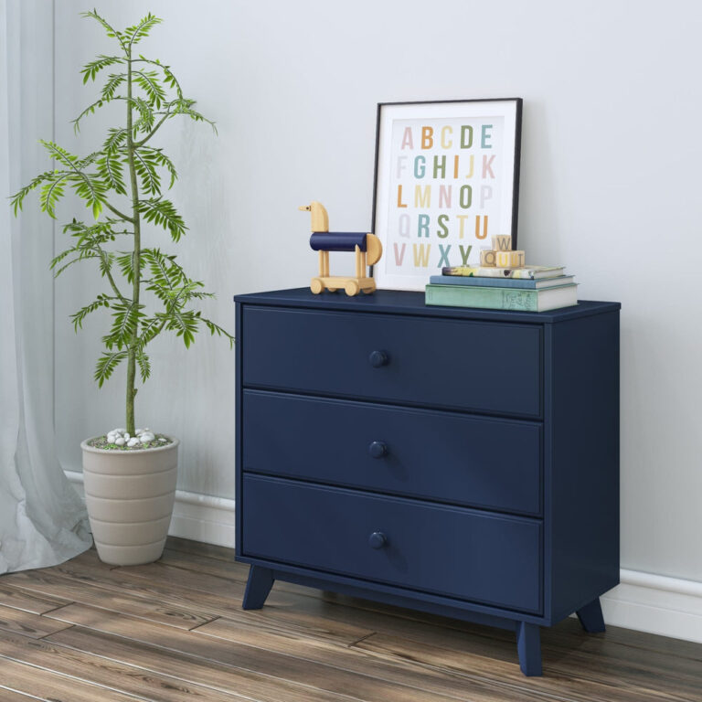 Max Lily Classic 3 Drawer Dresser Blue Room Scene Max & Lily Classic 3 Drawer Dresser in Blue - styled at an angle in a child's room beside a potted plant, alphabet art print, and a wooden toy dog.