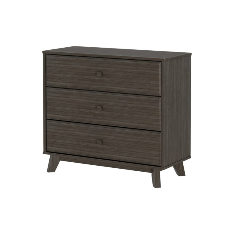 Max Lily Classic 3 Drawer Dresser Clay Angle View Max & Lily Classic 3 Drawer Dresser in Clay - three-quarter studio view on a white background showing the three drawers, round knobs and splayed legs.