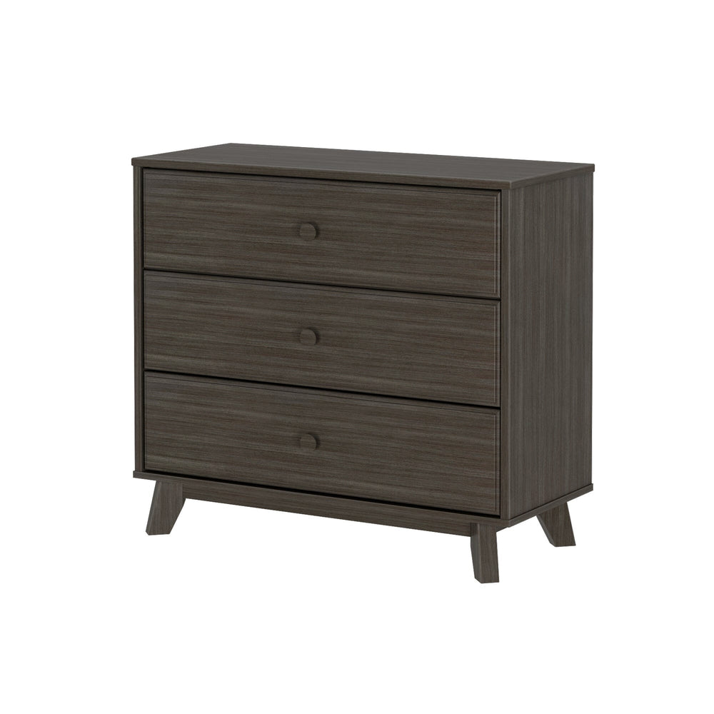 Max & Lily Classic 3 Drawer Dresser in Clay - three-quarter studio view on a white background showing the three drawers, round knobs and splayed legs.