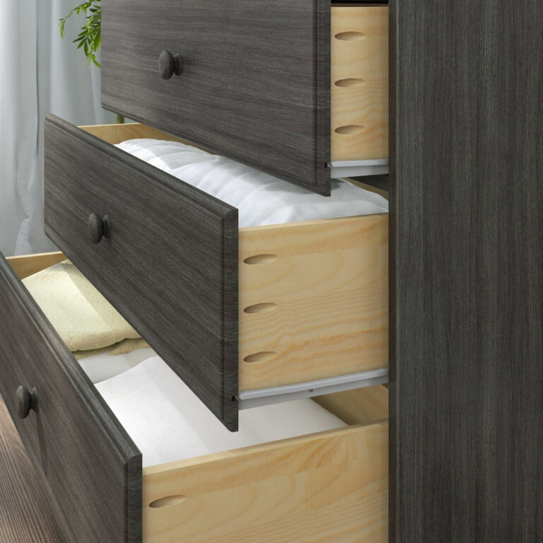 Max Lily Classic 3 Drawer Dresser Clay Drawers Open 5 Max & Lily Classic 3 Drawer Dresser in Clay - close-up of the open drawers revealing natural wood interiors filled with folded bedding.