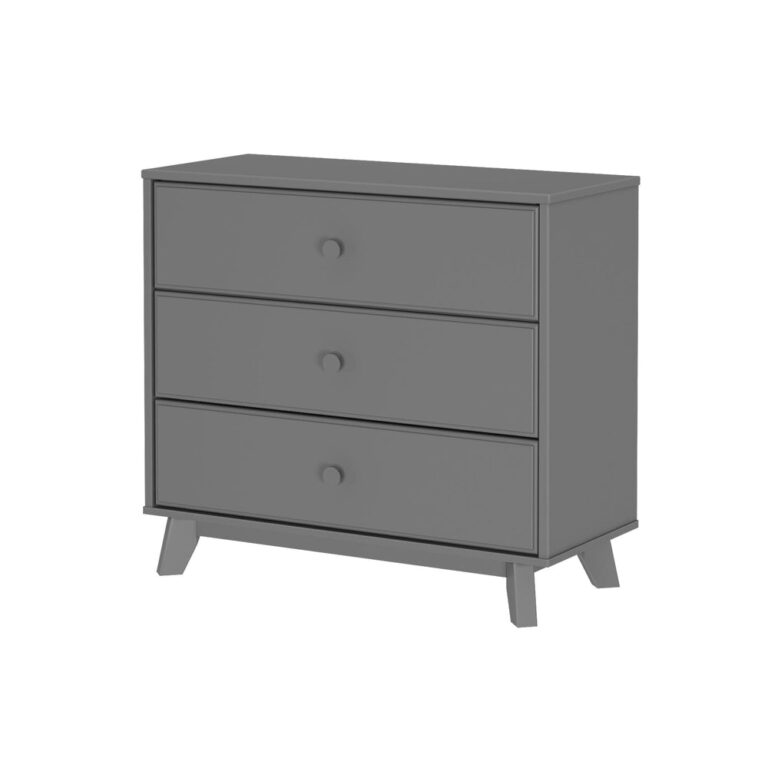 Max Lily Classic 3 Drawer Dresser Grey Angle View Max & Lily Classic 3 Drawer Dresser in grey - three-quarter angle view on a white background showing the splayed wooden legs and side profile.
