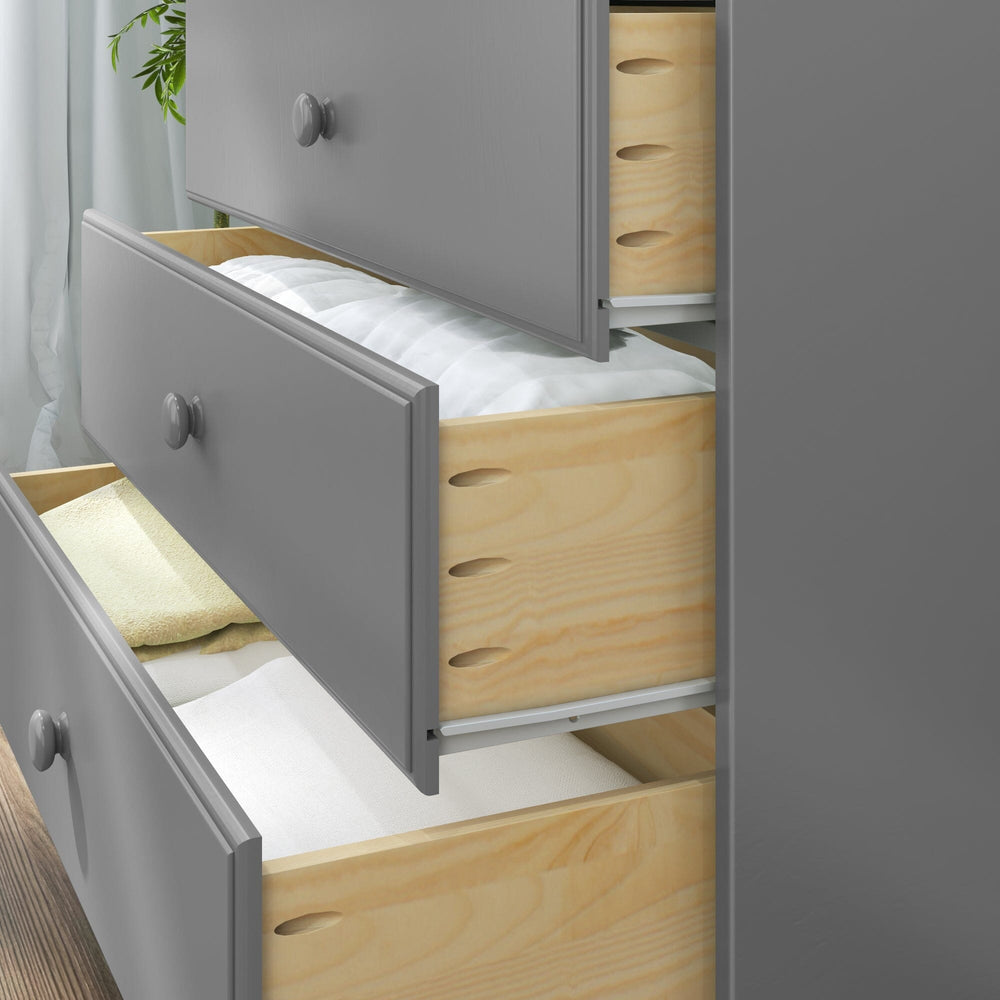 Max & Lily Classic 3 Drawer Dresser in grey - close-up of the open drawers revealing dovetailed solid-wood interiors filled with folded linens.