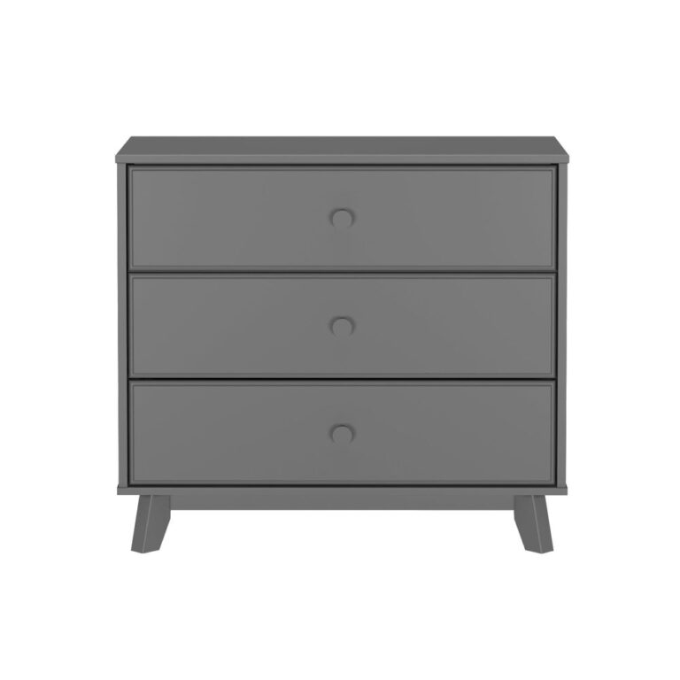 Max Lily Classic 3 Drawer Dresser Grey Front View Max & Lily Classic 3 Drawer Dresser in grey - straight-on front view on a white background showing three drawers with round knobs and angled legs.
