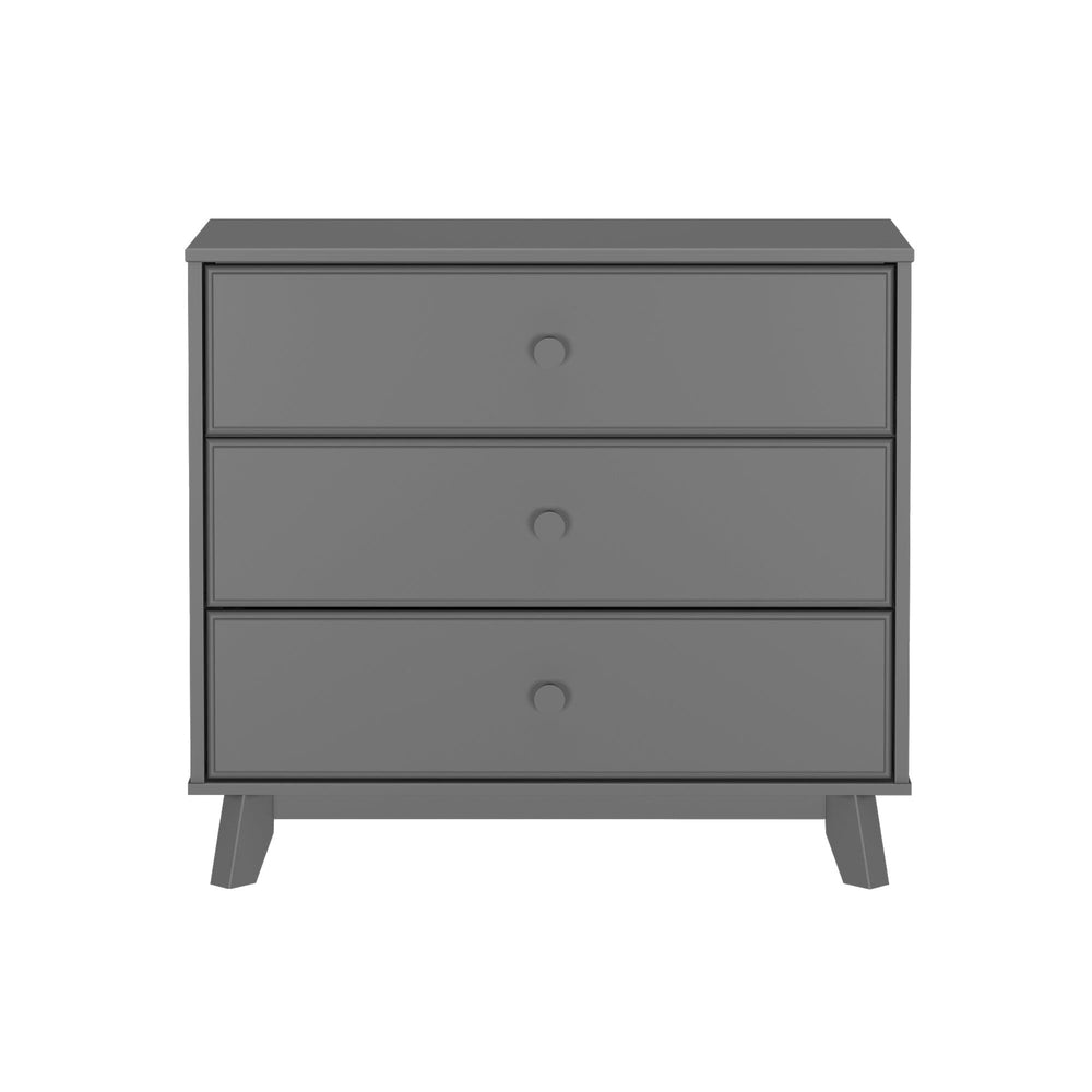 Max & Lily Classic 3 Drawer Dresser in grey - straight-on front view on a white background showing three drawers with round knobs and angled legs.