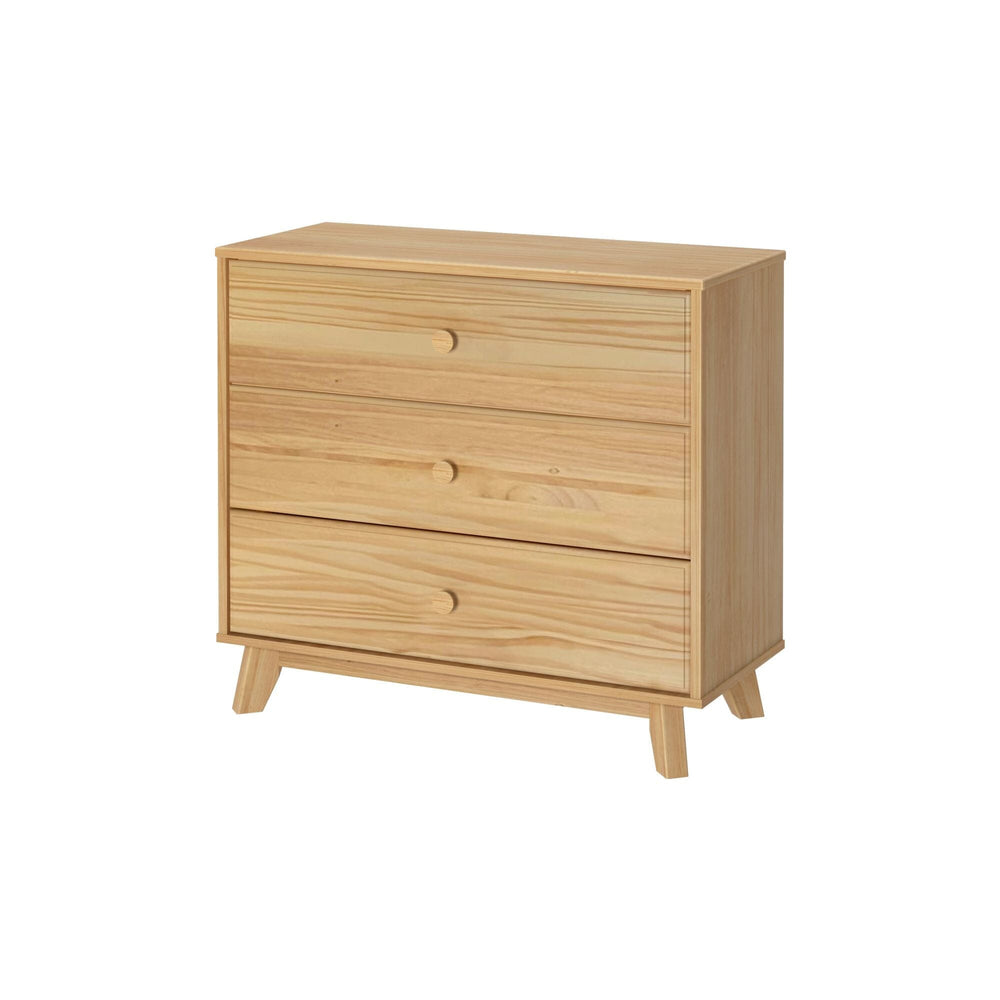 Max & Lily Classic 3 Drawer Dresser in Natural - three-quarter angle view showing the three drawers with round knobs and angled legs