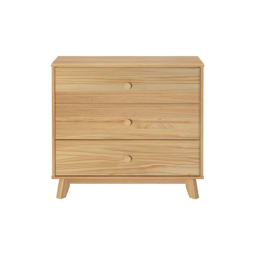 Max & Lily Classic 3 Drawer Dresser in Natural - straight front view of the three drawers with round wooden knobs
