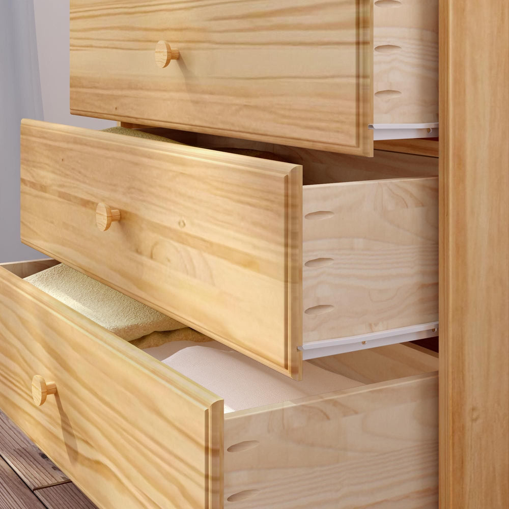 Max & Lily Classic 3 Drawer Dresser in Natural - close-up of the drawers pulled open showing solid wood drawer construction