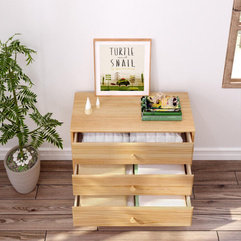 Max Lily Classic 3 Drawer Dresser Natural Storage Drawers Open 6 Max & Lily Classic 3 Drawer Dresser in Natural - all three drawers open showing folded linens stored inside