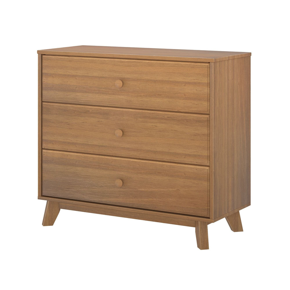 Max & Lily Classic 3 Drawer Dresser in Pecan - angled view showing the three drawers and splayed legs on a white background