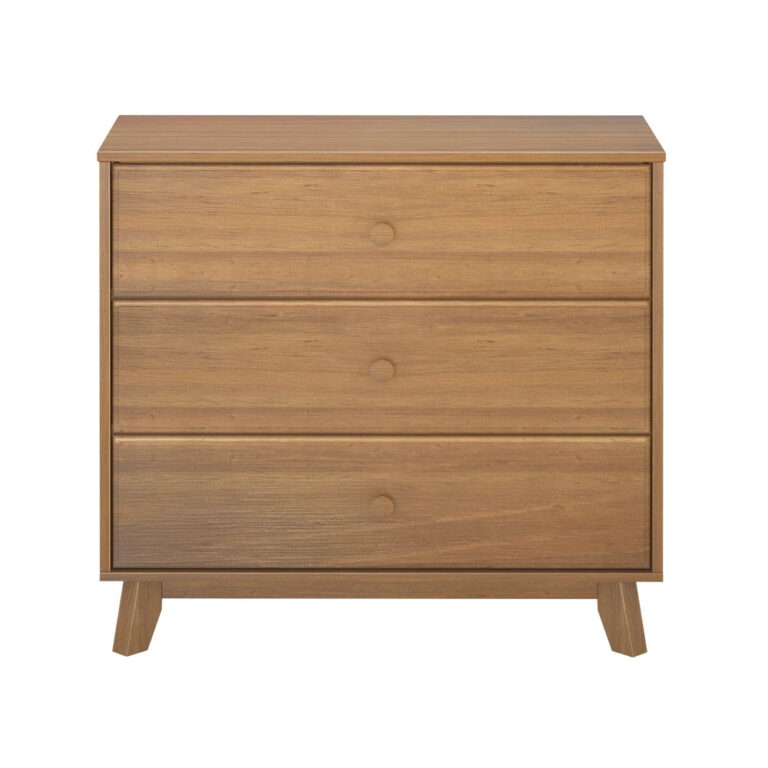 Max Lily Classic 3 Drawer Dresser Pecan Front View Max & Lily Classic 3 Drawer Dresser in Pecan - front view of the three drawers with round knobs on a white background