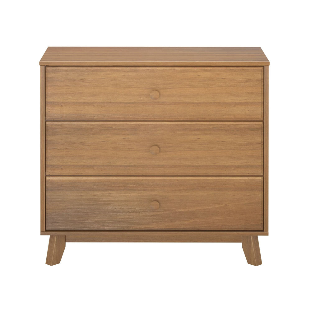 Max & Lily Classic 3 Drawer Dresser in Pecan - front view of the three drawers with round knobs on a white background