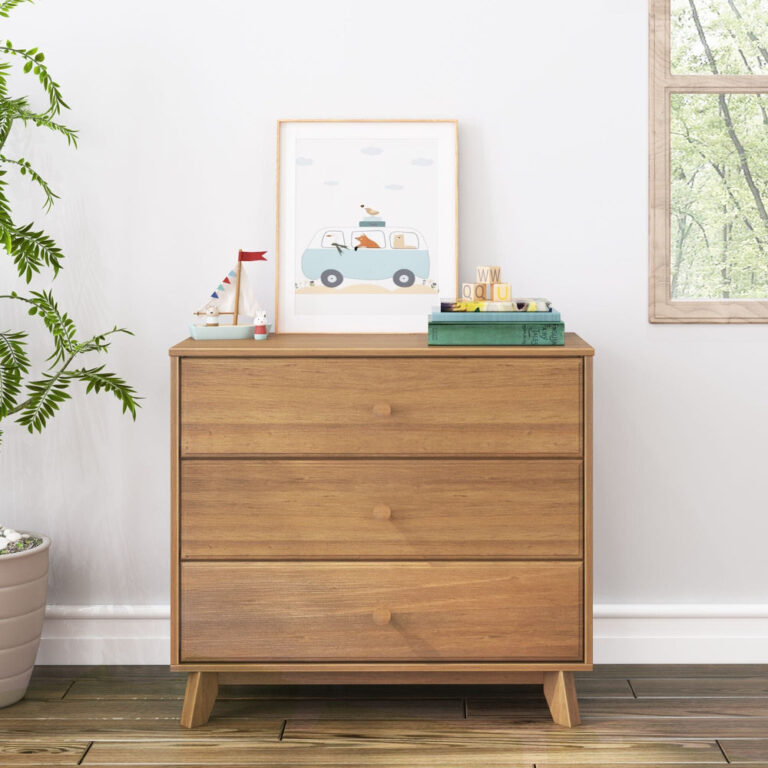 Max Lily Classic 3 Drawer Dresser Pecan Room Scene 2 Max & Lily Classic 3 Drawer Dresser in Pecan - front view styled in a bright nursery beside a window and potted plant