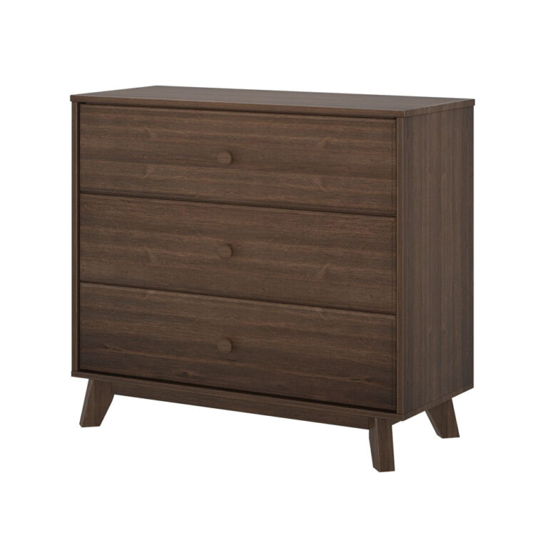 Max Lily Classic 3 Drawer Dresser Walnut Angle View Max & Lily Classic 3 Drawer Dresser in Walnut - angled view showing the three drawers and tapered legs against a white background.