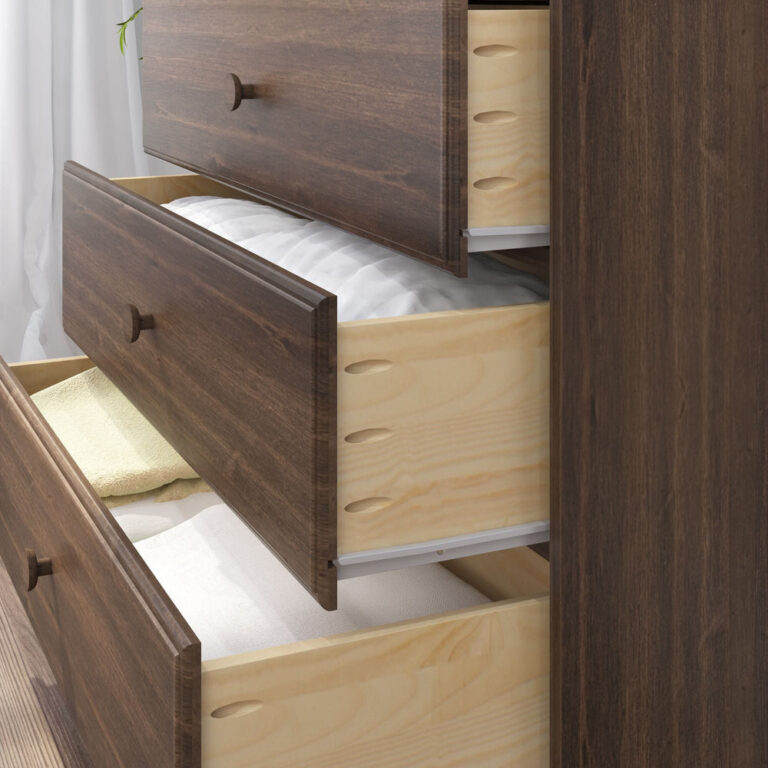 Max Lily Classic 3 Drawer Dresser Walnut Drawers Open Max & Lily Classic 3 Drawer Dresser in Walnut - close-up of the drawers pulled open revealing dovetailed solid-wood construction and folded contents inside.