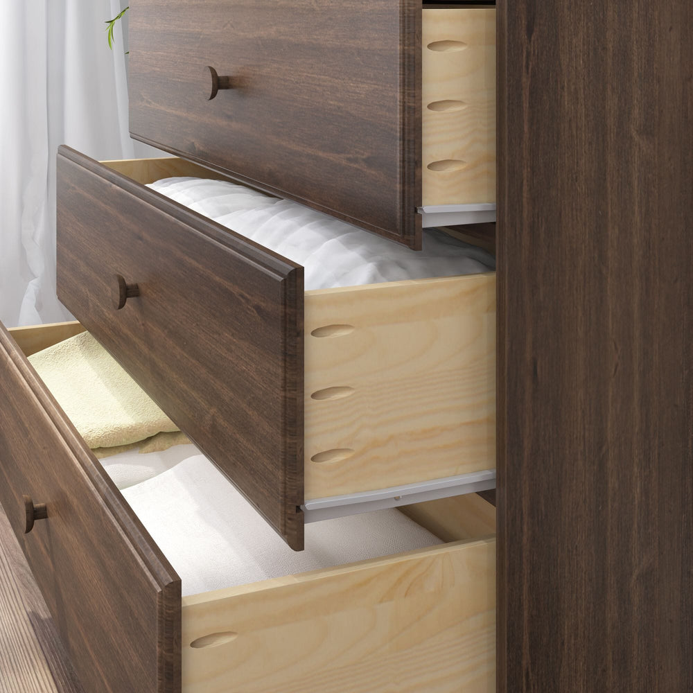 Max & Lily Classic 3 Drawer Dresser in Walnut - close-up of the drawers pulled open revealing dovetailed solid-wood construction and folded contents inside.