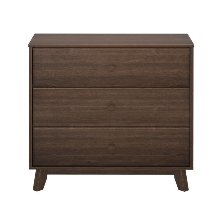 Max Lily Classic 3 Drawer Dresser Walnut Front View Max & Lily Classic 3 Drawer Dresser in Walnut - front view of the three drawers with round knobs and angled legs.