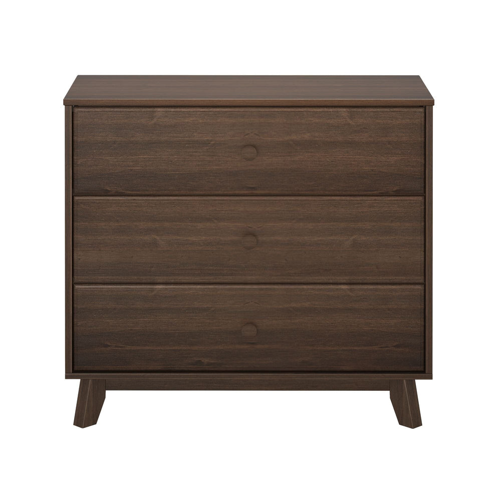 Max & Lily Classic 3 Drawer Dresser in Walnut - front view of the three drawers with round knobs and angled legs.