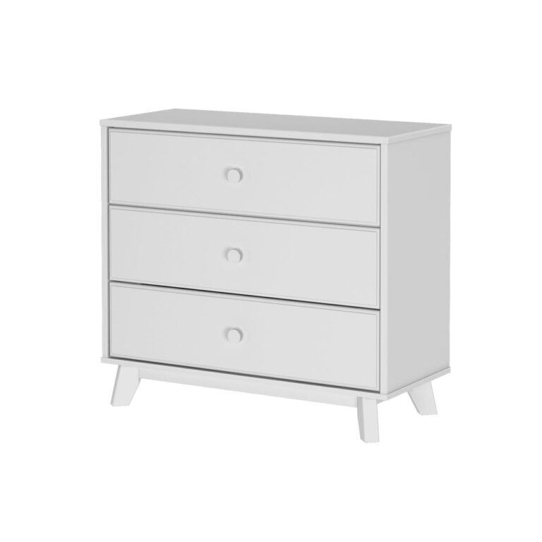 Max Lily Classic 3 Drawer Dresser White Angle View Max & Lily Classic 3 Drawer Dresser in White - three-quarter angle view on a white background.