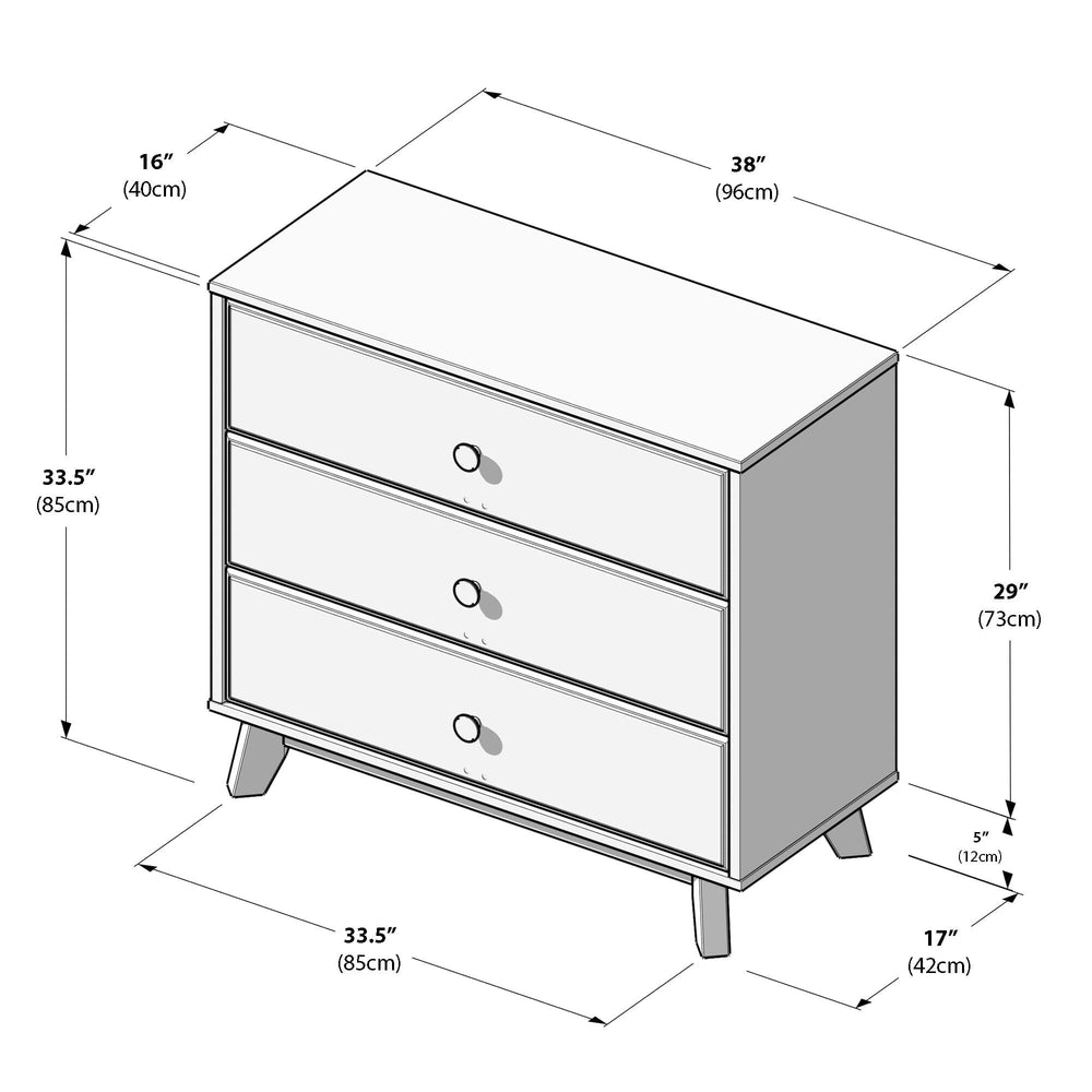 Max & Lily Classic 3 Drawer Dresser in White - dimensions diagram showing width, depth, and height measurements in inches and centimeters.