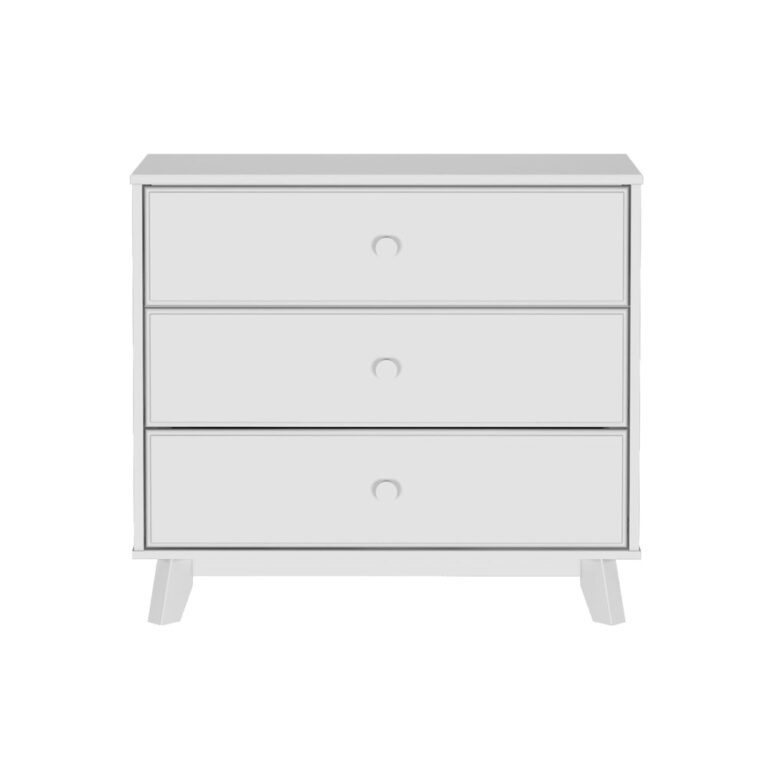 Max Lily Classic 3 Drawer Dresser White Front View Max & Lily Classic 3 Drawer Dresser in White - front view showing three drawers with round knobs and splayed legs.