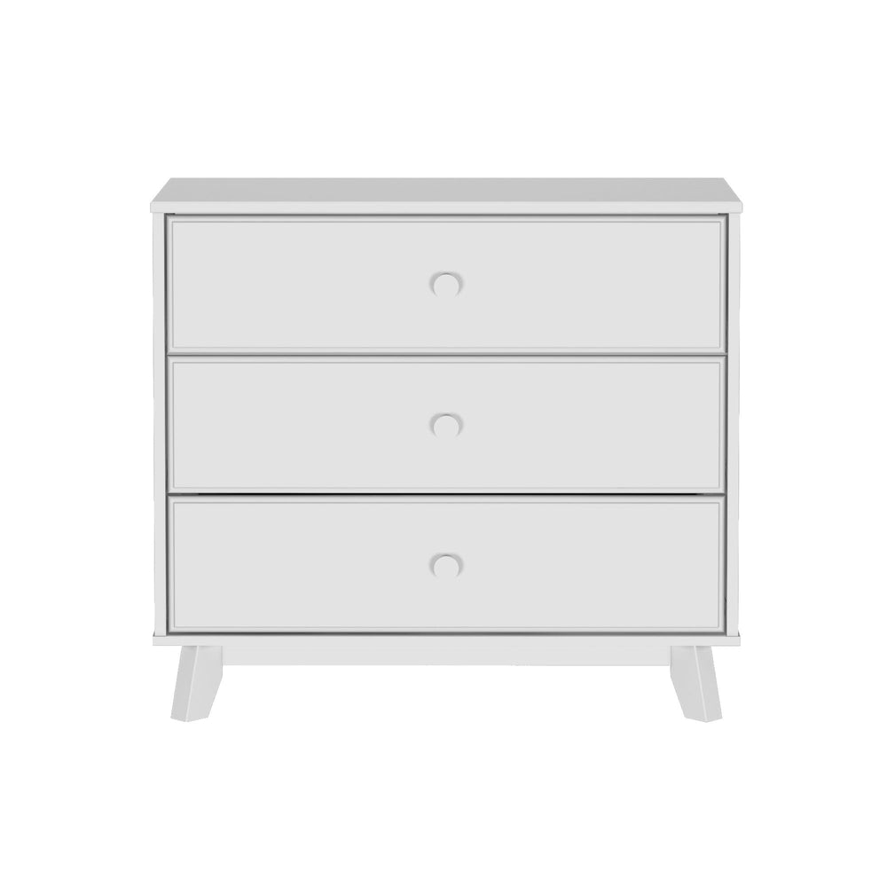 Max & Lily Classic 3 Drawer Dresser in White - front view showing three drawers with round knobs and splayed legs.
