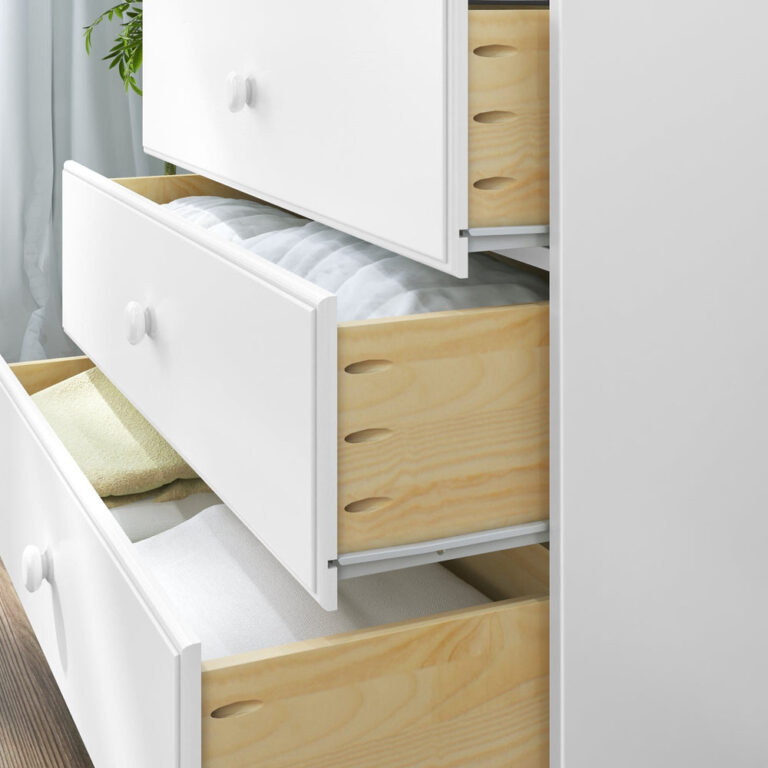 Max Lily Classic 3 Drawer Dresser White Storage Drawers Open Max & Lily Classic 3 Drawer Dresser in White - close-up of open drawers showing solid pine drawer boxes filled with folded linens.