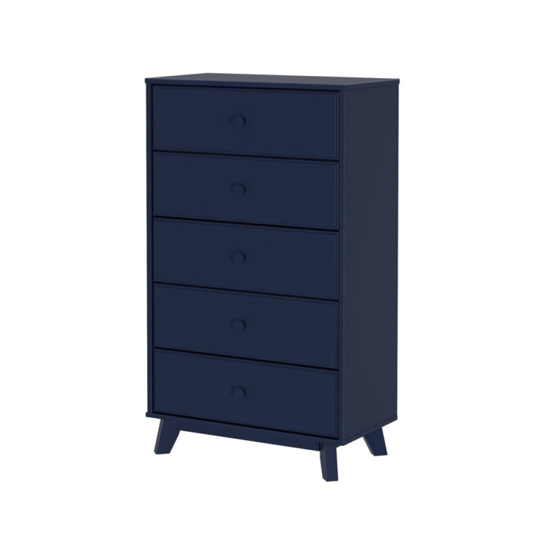 Max Lily Classic 5 Drawer Dresser Blue Angle View Max & Lily Classic 5 Drawer Dresser in Blue - angled studio view showing all five drawers and splayed legs.