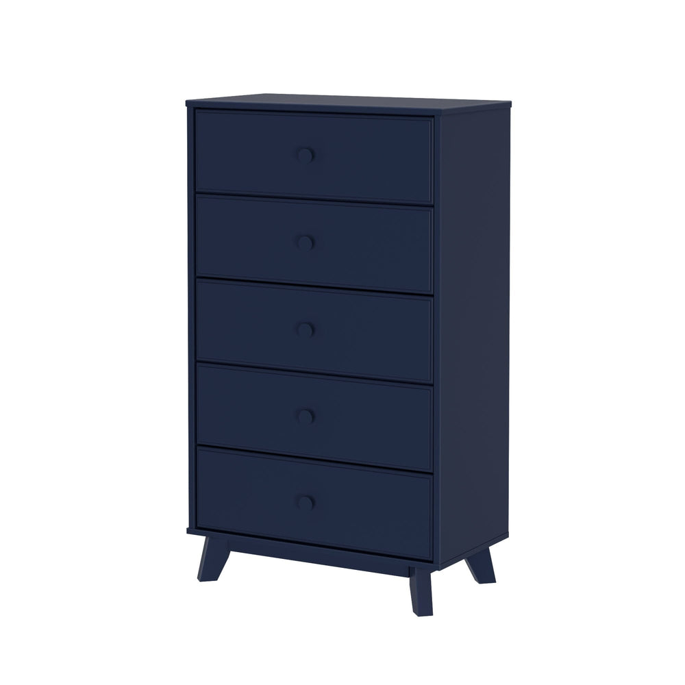 Max & Lily Classic 5 Drawer Dresser in Blue - angled studio view showing all five drawers and splayed legs.