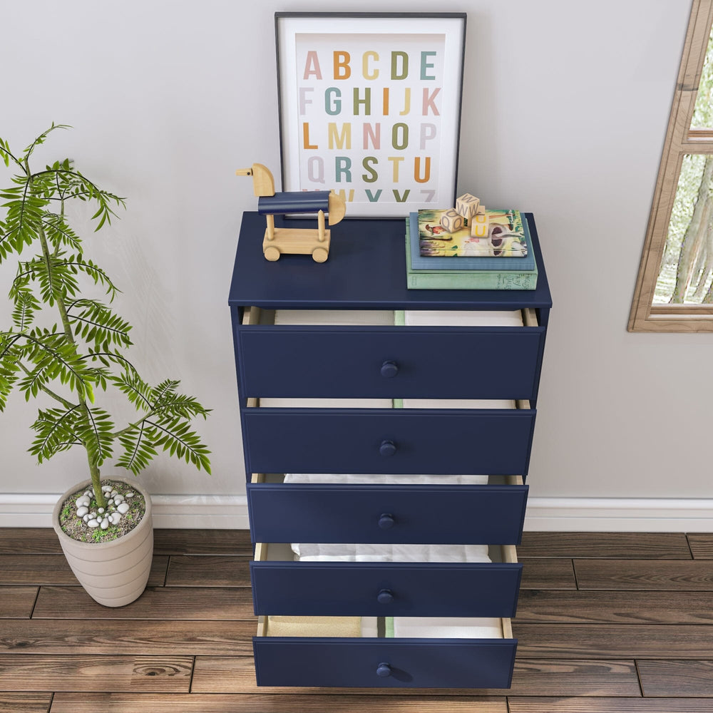 Max & Lily Classic 5 Drawer Dresser in Blue - all five drawers open in a styled room with a plant and framed print.
