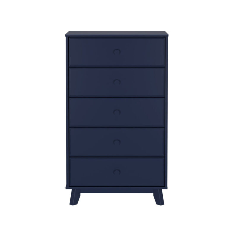 Max Lily Classic 5 Drawer Dresser Blue Front View Max & Lily Classic 5 Drawer Dresser in Blue - front studio view of the five-drawer chest on angled legs.