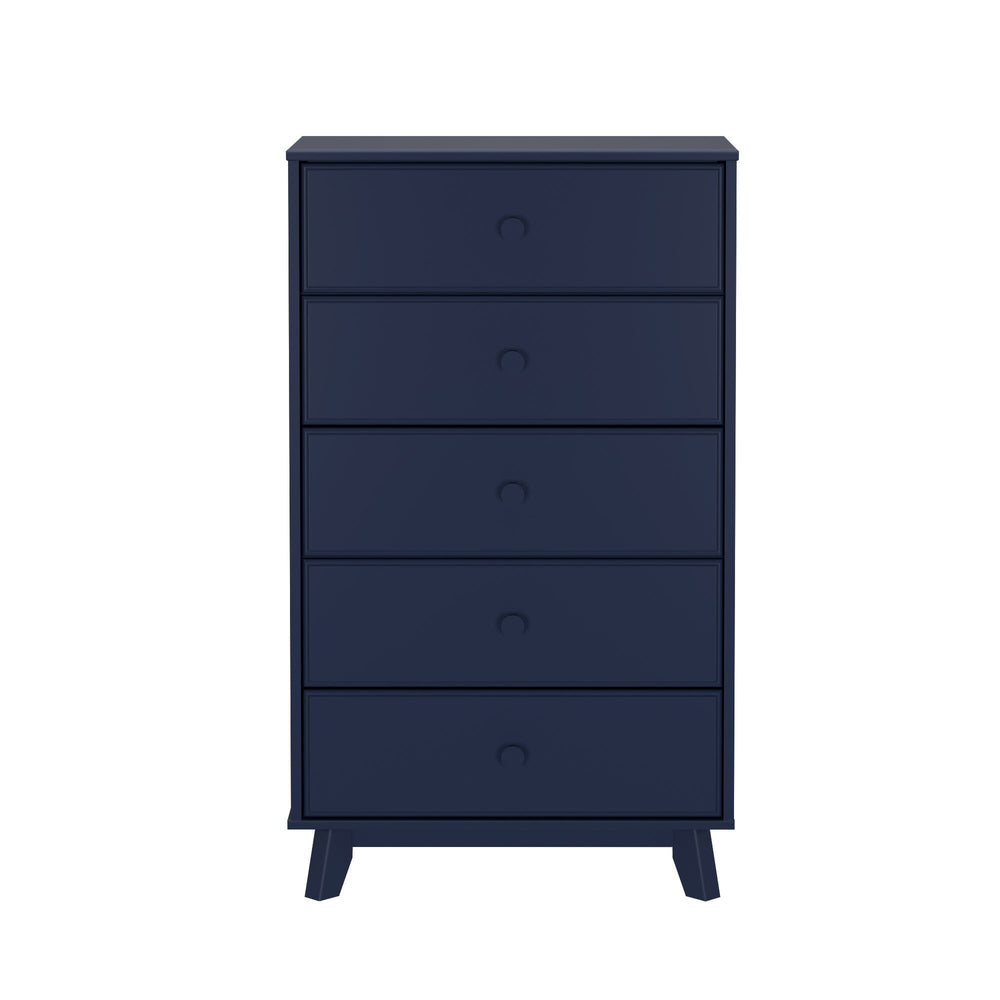 Max & Lily Classic 5 Drawer Dresser in Blue - front studio view of the five-drawer chest on angled legs.