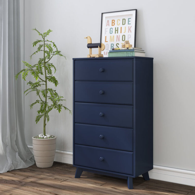 Max Lily Classic 5 Drawer Dresser Blue Room Scene 1 Max & Lily Classic 5 Drawer Dresser in Blue - angled view styled in a child's room with a potted plant, framed alphabet print, and wooden toys on top.