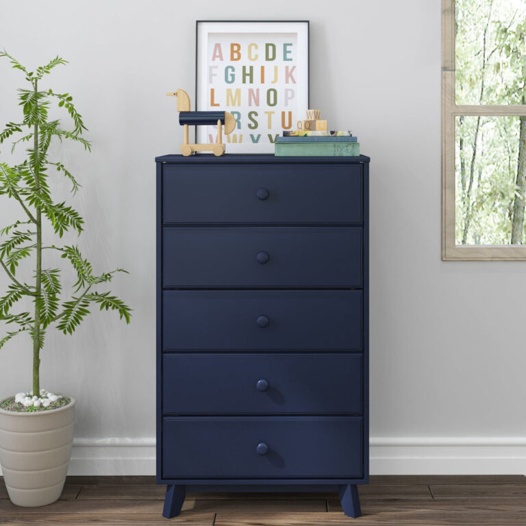 Max Lily Classic 5 Drawer Dresser Blue Room Scene 2 Max & Lily Classic 5 Drawer Dresser in Blue - front view in a nursery with a potted plant, window, and framed alphabet print.