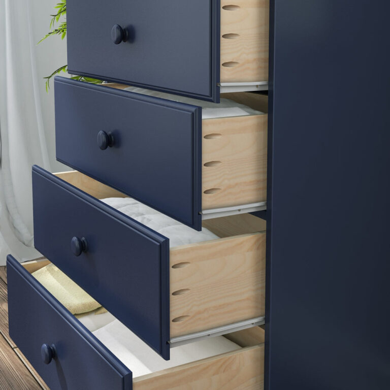 Max Lily Classic 5 Drawer Dresser Blue Storage Drawers Open Max & Lily Classic 5 Drawer Dresser in Blue - close-up of the drawers pulled open revealing natural wood interiors.