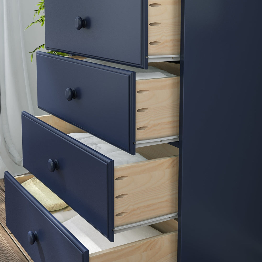 Max & Lily Classic 5 Drawer Dresser in Blue - close-up of the drawers pulled open revealing natural wood interiors.