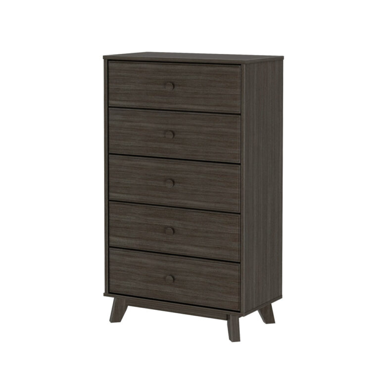 Max Lily Classic 5 Drawer Dresser Clay Angle View Max & Lily Classic 5 Drawer Dresser in Clay - three-quarter angle view on a white background showing five drawers with round knobs and splayed legs