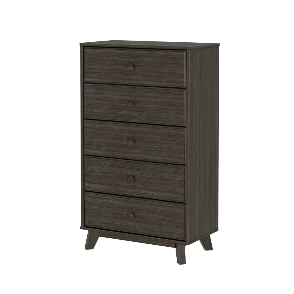 Max & Lily Classic 5 Drawer Dresser in Clay - three-quarter angle view on a white background showing five drawers with round knobs and splayed legs