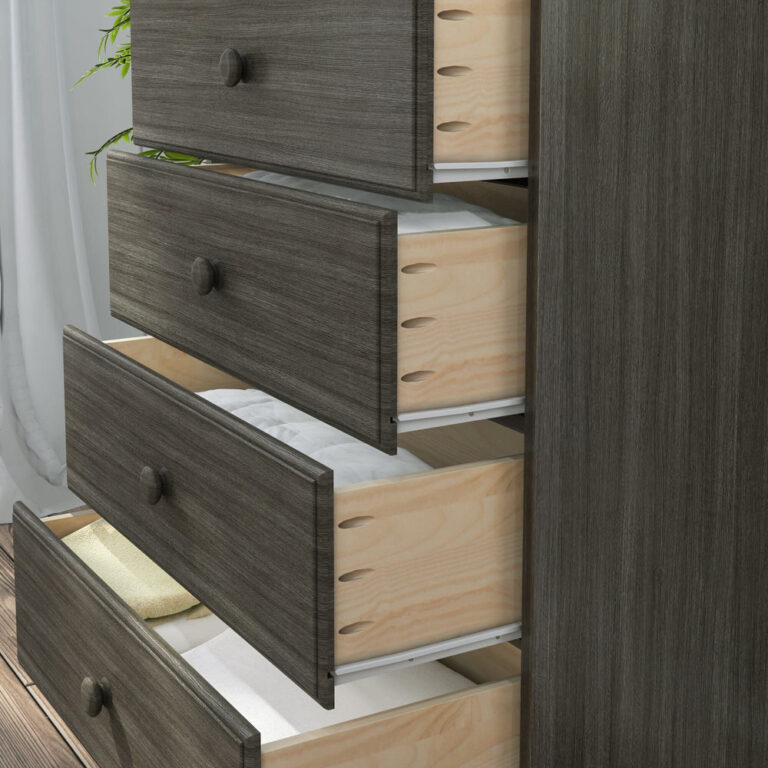 Max Lily Classic 5 Drawer Dresser Clay Drawer Construction Max & Lily Classic 5 Drawer Dresser in Clay - close-up of the open drawers revealing solid pine drawer boxes and deep interior storage