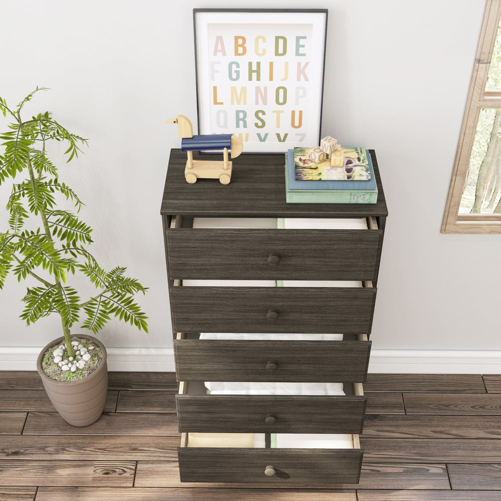 Max & Lily Classic 5 Drawer Dresser in Clay - all five drawers pulled open in a bedroom setting showing the full storage capacity