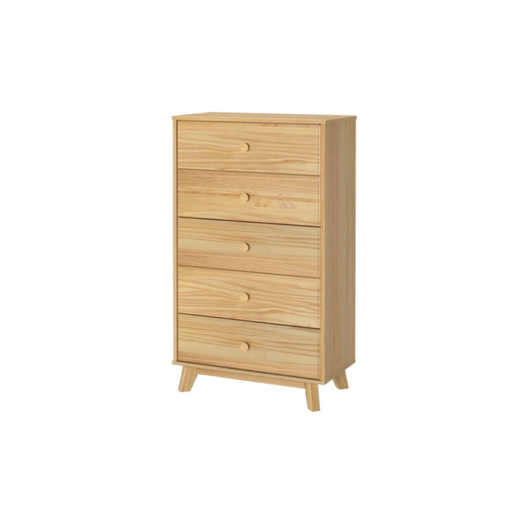 Max Lily Classic 5 Drawer Dresser Natural Angle View Max & Lily Classic 5 Drawer Dresser in natural - angled view on a white background showing five drawers and tapered legs