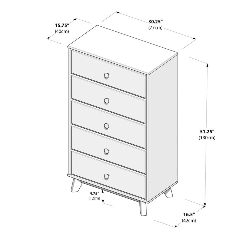 Max Lily Classic 5 Drawer Dresser Natural Dimensions Diagram Max & Lily Classic 5 Drawer Dresser in natural - dimensions diagram showing width, depth and height measurements in inches and centimetres