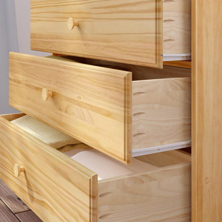 Max Lily Classic 5 Drawer Dresser Natural Drawer Detail Max & Lily Classic 5 Drawer Dresser in natural - close-up of drawers pulled open revealing dovetail joinery and solid wood construction