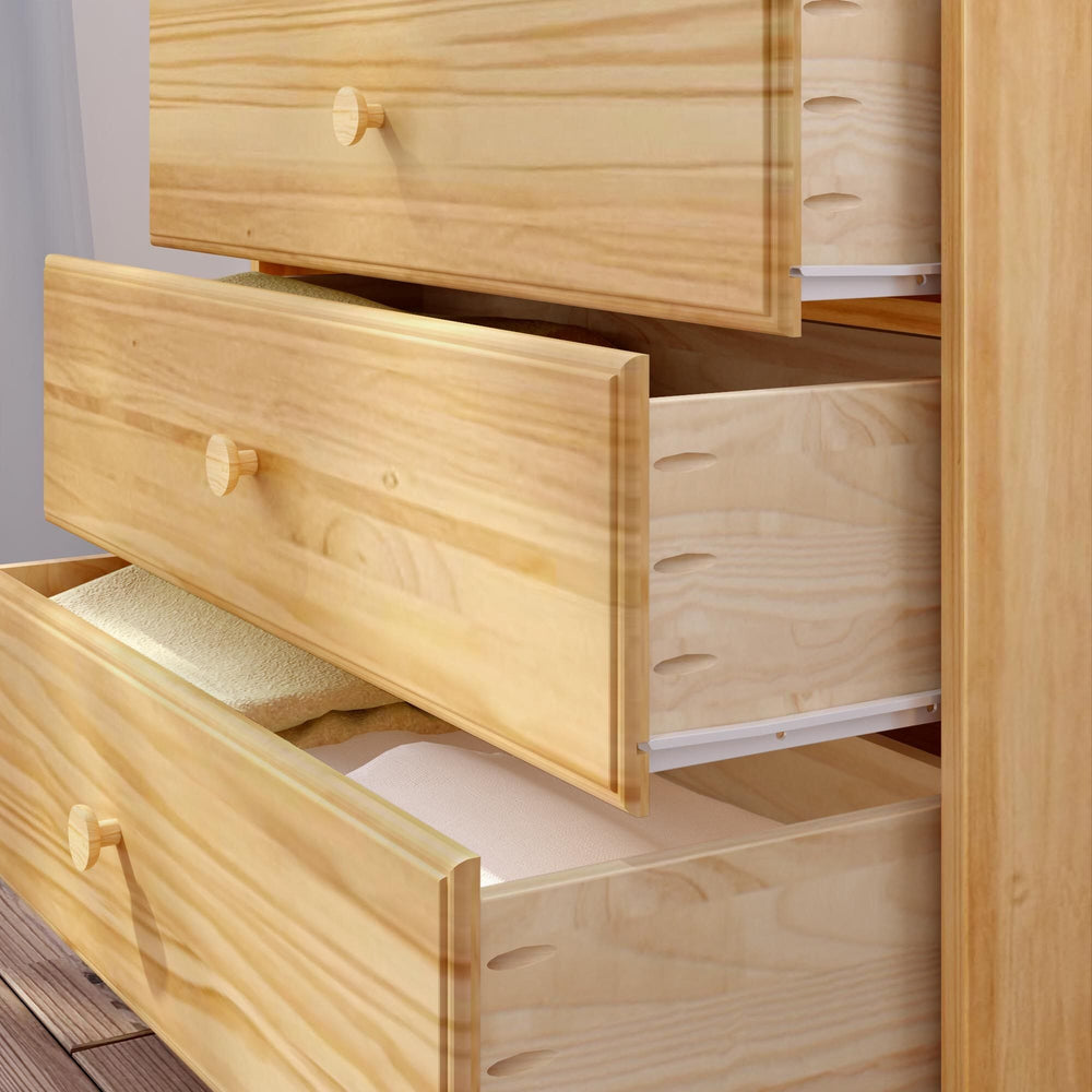 Max & Lily Classic 5 Drawer Dresser in natural - close-up of drawers pulled open revealing dovetail joinery and solid wood construction