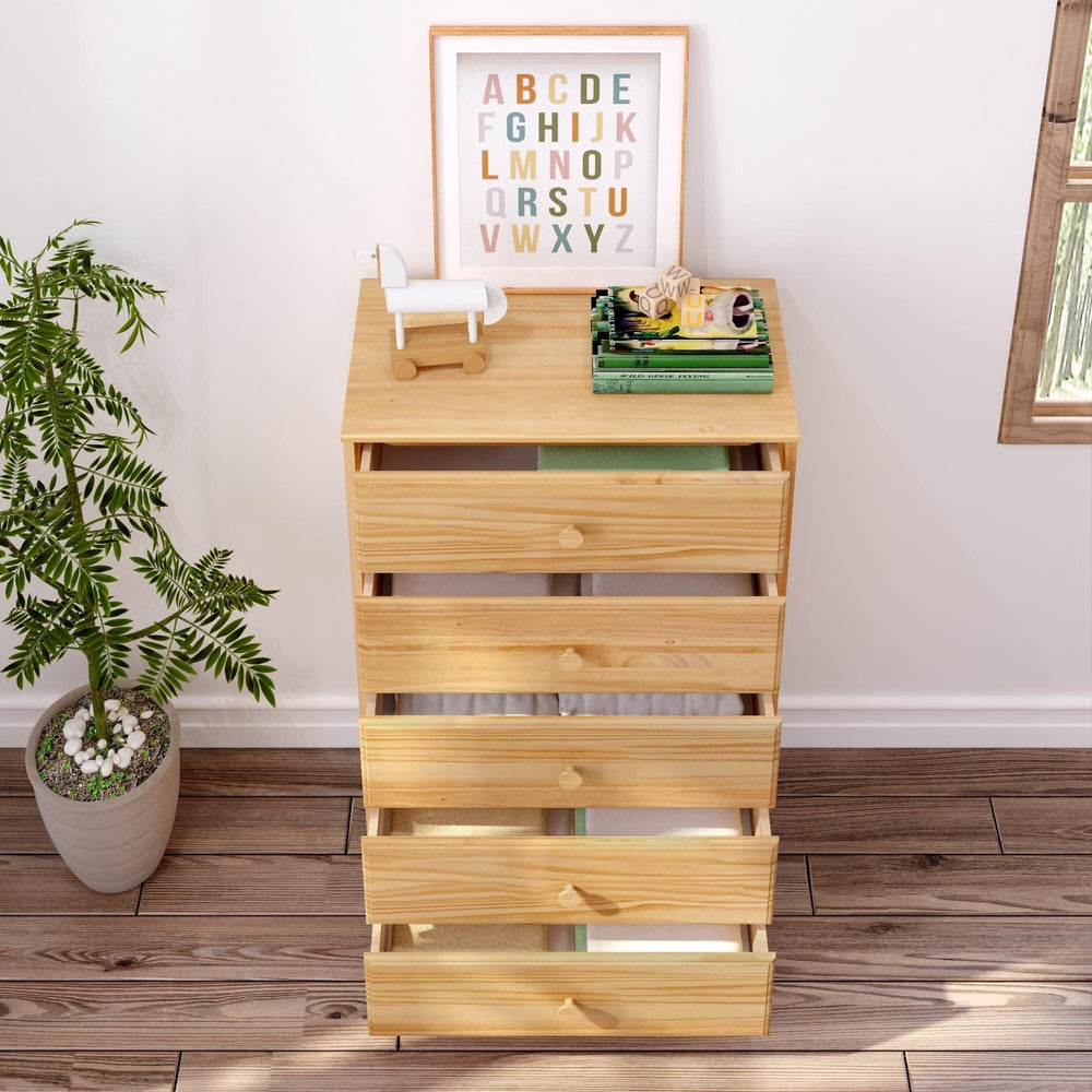 Max & Lily Classic 5 Drawer Dresser in natural - all five drawers pulled open in a styled child's room