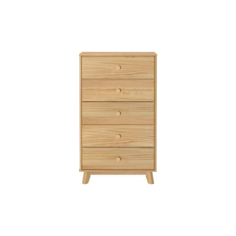Max Lily Classic 5 Drawer Dresser Natural Front View Max & Lily Classic 5 Drawer Dresser in natural - front view on a white background showing five drawers with round wooden knobs