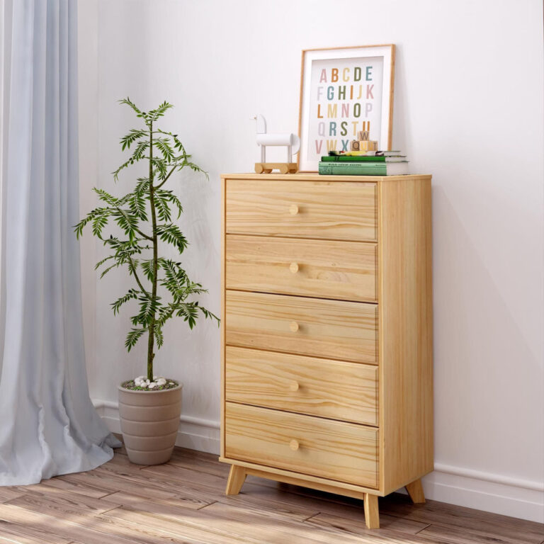 Max Lily Classic 5 Drawer Dresser Natural Room Scene 1 Max & Lily Classic 5 Drawer Dresser in natural - styled in a corner of a child's room beside a potted plant with framed alphabet wall art on top