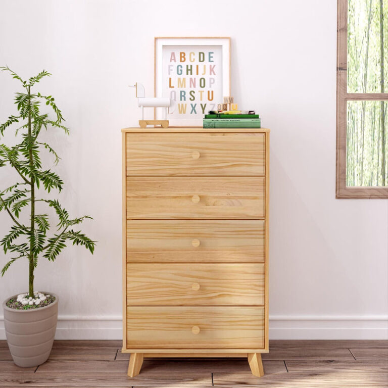 Max Lily Classic 5 Drawer Dresser Natural Room Scene 2 Max & Lily Classic 5 Drawer Dresser in natural - front view in a room setting with a potted plant and framed alphabet print